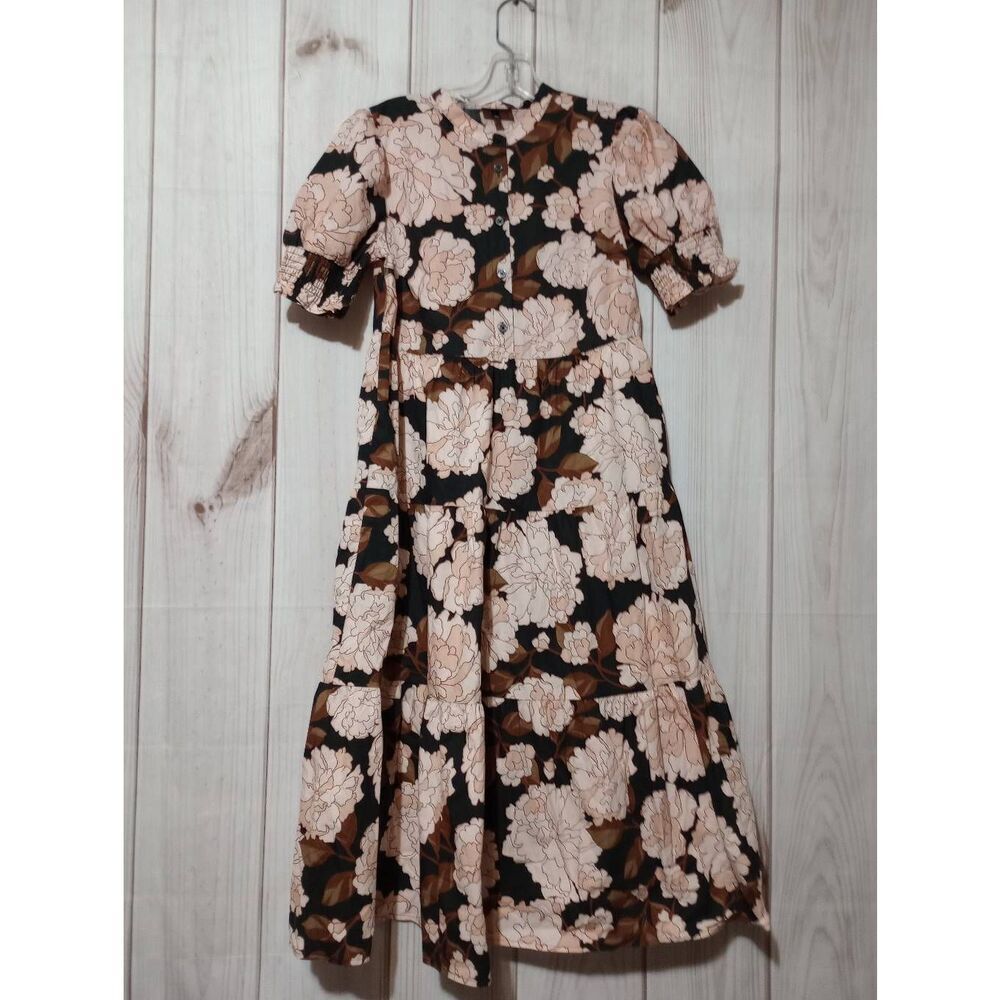 Who What Wear Dress Ladies Extra Small Brown Peach Floral Midi Short Sleeve Pock